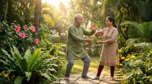 Senior couple practicing Tai Chi for balance and healthy active aging